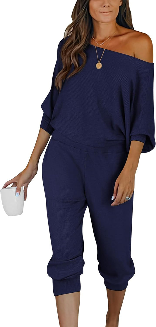 PRETTYGARDEN 2-Piece Lounge Set – Off-Shoulder Top & Ribbed Pants