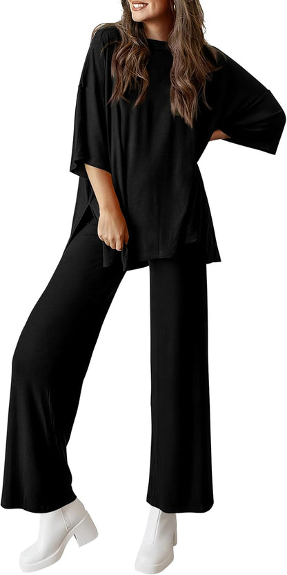 PRETTYGARDEN 2-Piece Lounge Set – Short Sleeve Top & Wide Leg Pants