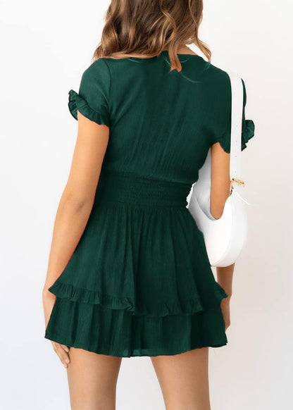 PRETTYGARDEN 2025 Casual Beach Dress – Short Sleeve V-Neck Tiered Mini Dress