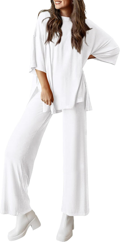 PRETTYGARDEN 2-Piece Lounge Set – Short Sleeve Top & Wide Leg Pants