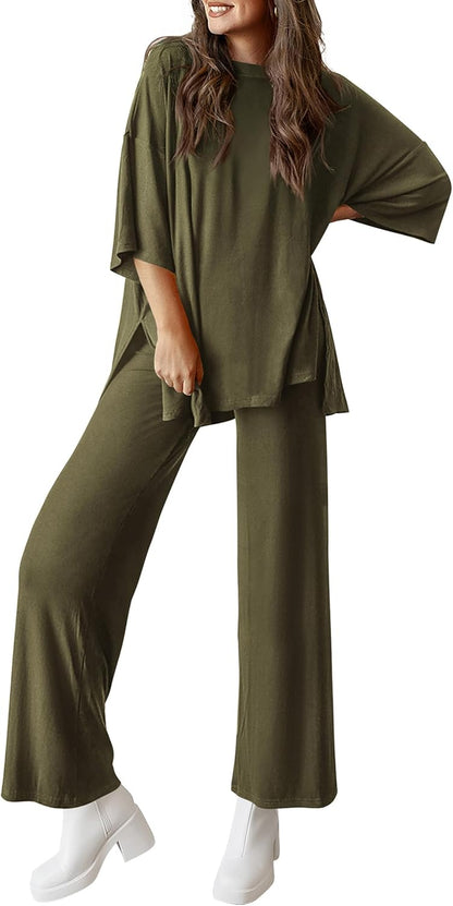 PRETTYGARDEN 2-Piece Lounge Set – Short Sleeve Top & Wide Leg Pants