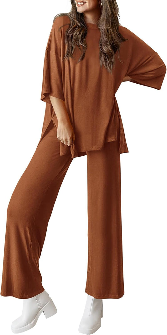 PRETTYGARDEN 2-Piece Lounge Set – Short Sleeve Top & Wide Leg Pants