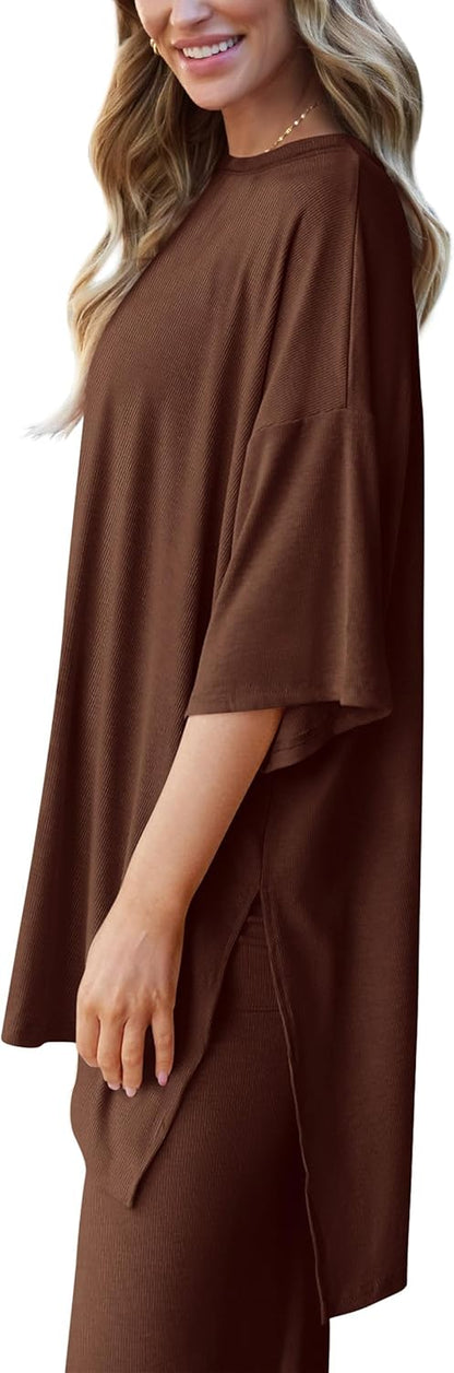 PRETTYGARDEN 2-Piece Lounge Set – Short Sleeve Top & Wide Leg Pants