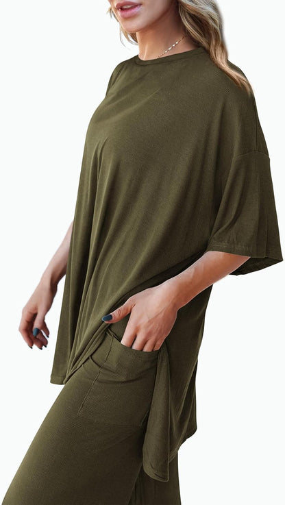 PRETTYGARDEN 2-Piece Lounge Set – Short Sleeve Top & Wide Leg Pants