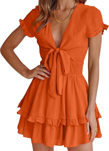 PRETTYGARDEN 2025 Casual Beach Dress – Short Sleeve V-Neck Tiered Mini Dress