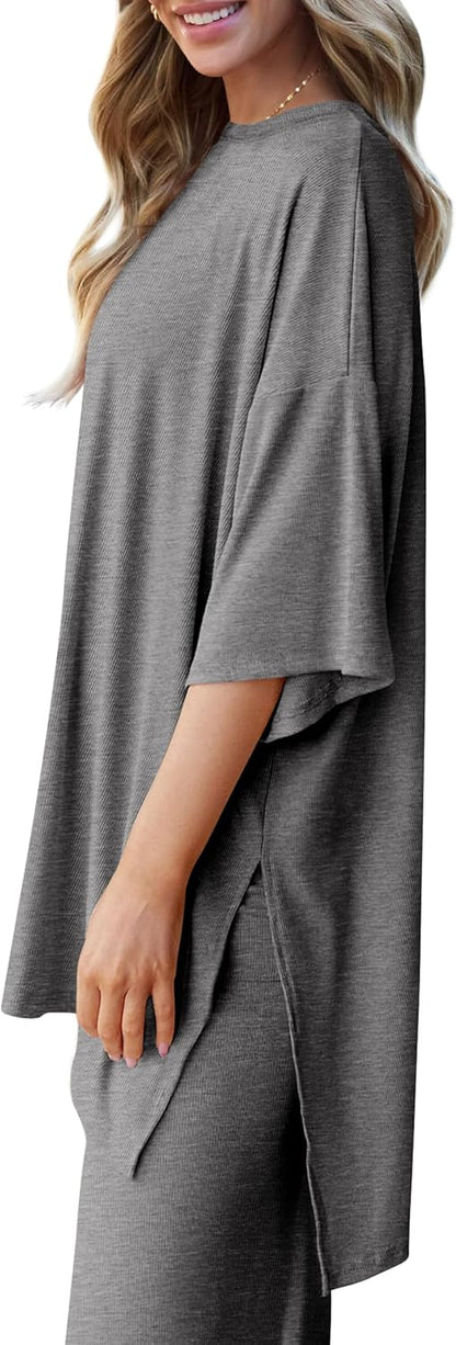 PRETTYGARDEN 2-Piece Lounge Set – Short Sleeve Top & Wide Leg Pants