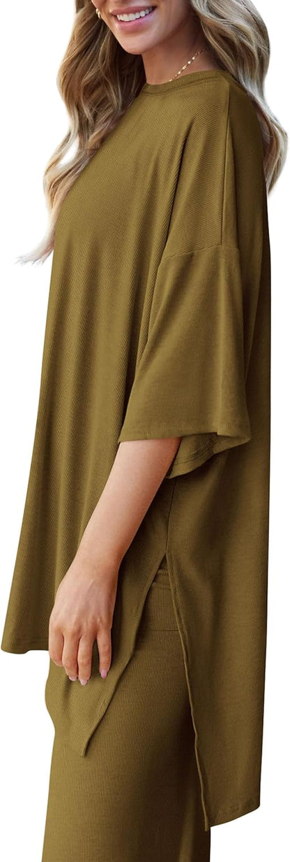 PRETTYGARDEN 2-Piece Lounge Set – Short Sleeve Top & Wide Leg Pants