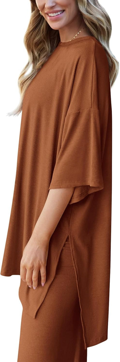 PRETTYGARDEN 2-Piece Lounge Set – Short Sleeve Top & Wide Leg Pants