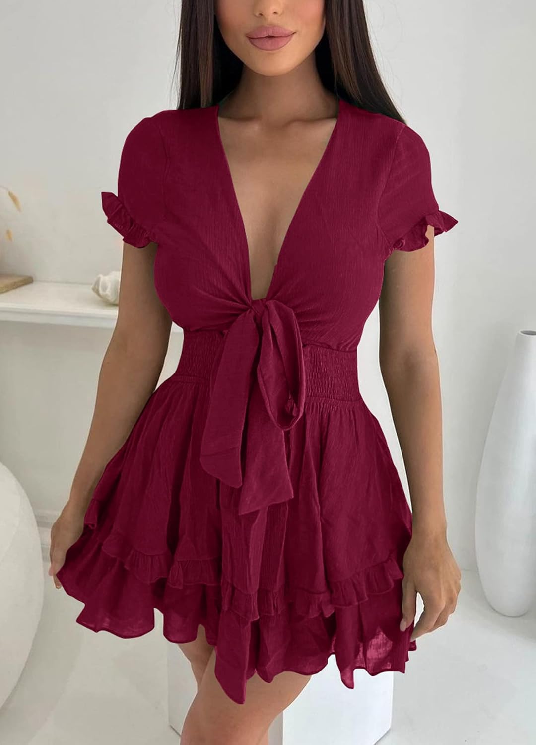 PRETTYGARDEN 2025 Casual Beach Dress – Short Sleeve V-Neck Tiered Mini Dress