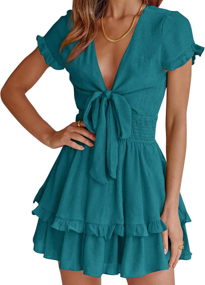 PRETTYGARDEN 2025 Casual Beach Dress – Short Sleeve V-Neck Tiered Mini Dress