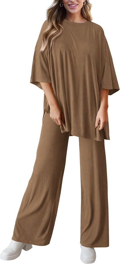 PRETTYGARDEN 2-Piece Lounge Set – Short Sleeve Top & Wide Leg Pants