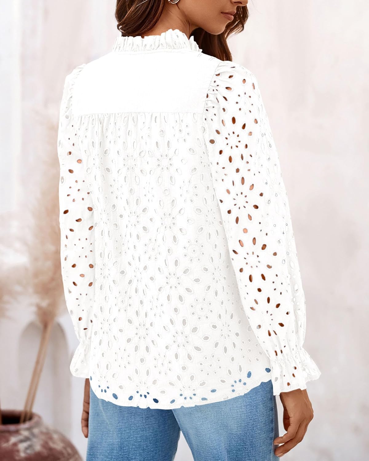 PRETTYGARDEN Casual Lace Blouse – Long Sleeve V-Neck Button-Up Shirt