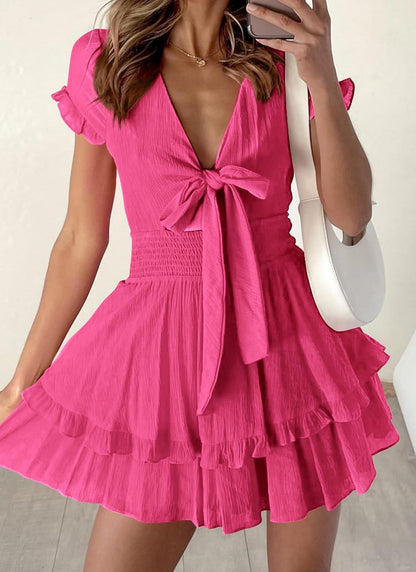 PRETTYGARDEN 2025 Casual Beach Dress – Short Sleeve V-Neck Tiered Mini Dress