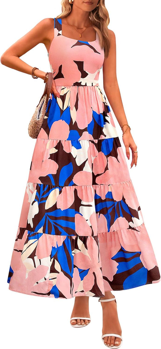 PRETTYGARDEN Women's Floral Maxi Dress – Sleeveless Smocked Ruffle Sundress