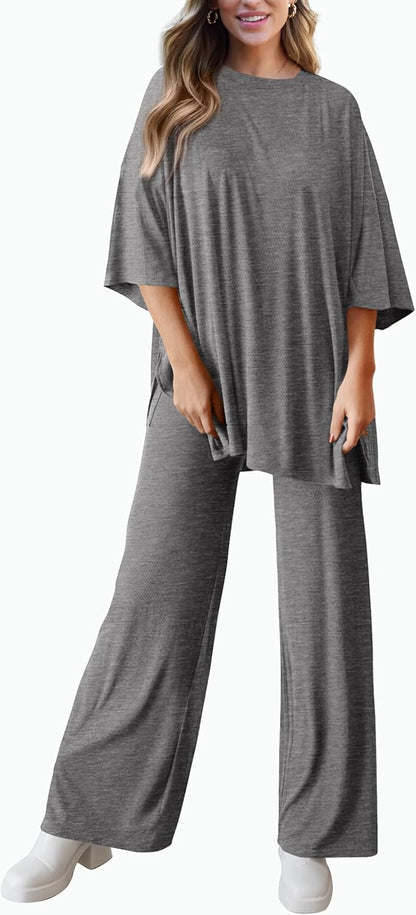 PRETTYGARDEN 2-Piece Lounge Set – Short Sleeve Top & Wide Leg Pants