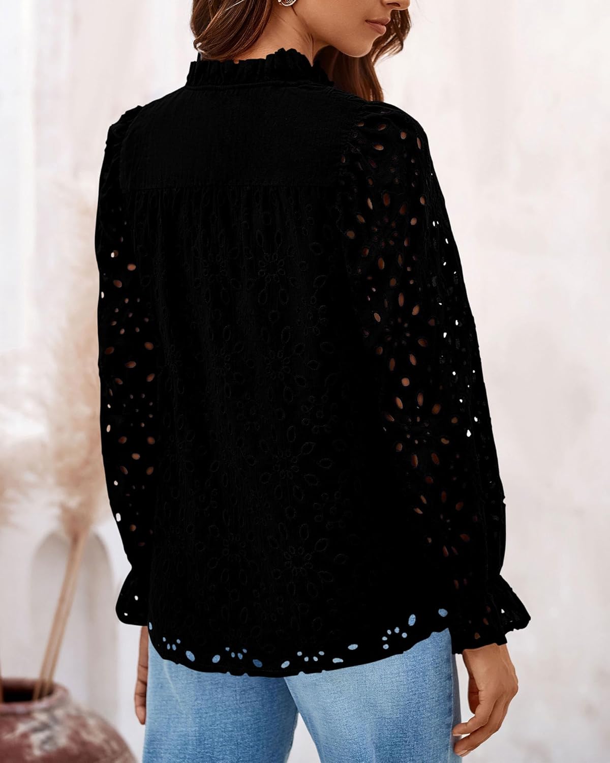 PRETTYGARDEN Casual Lace Blouse – Long Sleeve V-Neck Button-Up Shirt