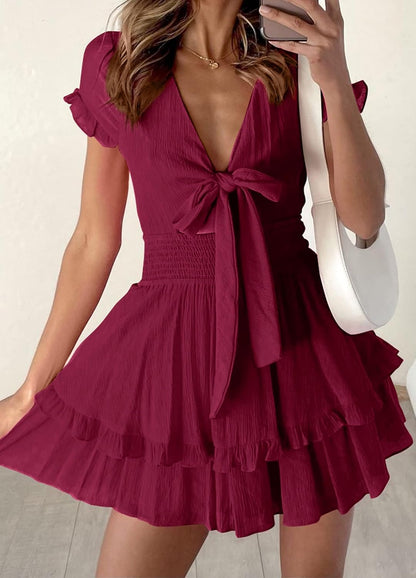 PRETTYGARDEN 2025 Casual Beach Dress – Short Sleeve V-Neck Tiered Mini Dress