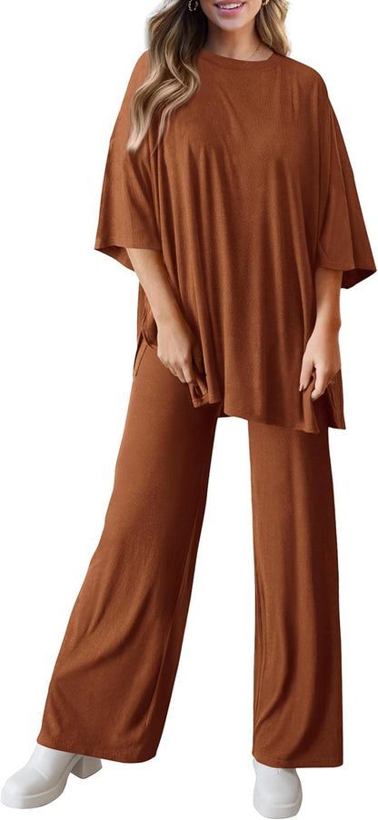 PRETTYGARDEN 2-Piece Lounge Set – Short Sleeve Top & Wide Leg Pants