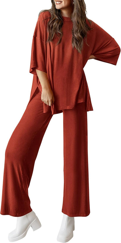 PRETTYGARDEN 2-Piece Lounge Set – Short Sleeve Top & Wide Leg Pants