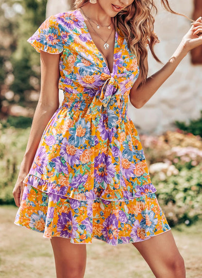 PRETTYGARDEN 2025 Casual Beach Dress – Short Sleeve V-Neck Tiered Mini Dress