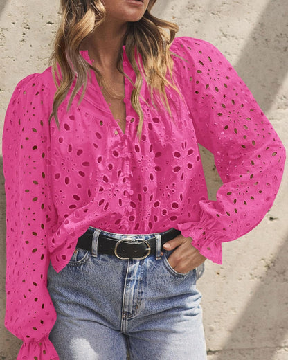 PRETTYGARDEN Casual Lace Blouse – Long Sleeve V-Neck Button-Up Shirt