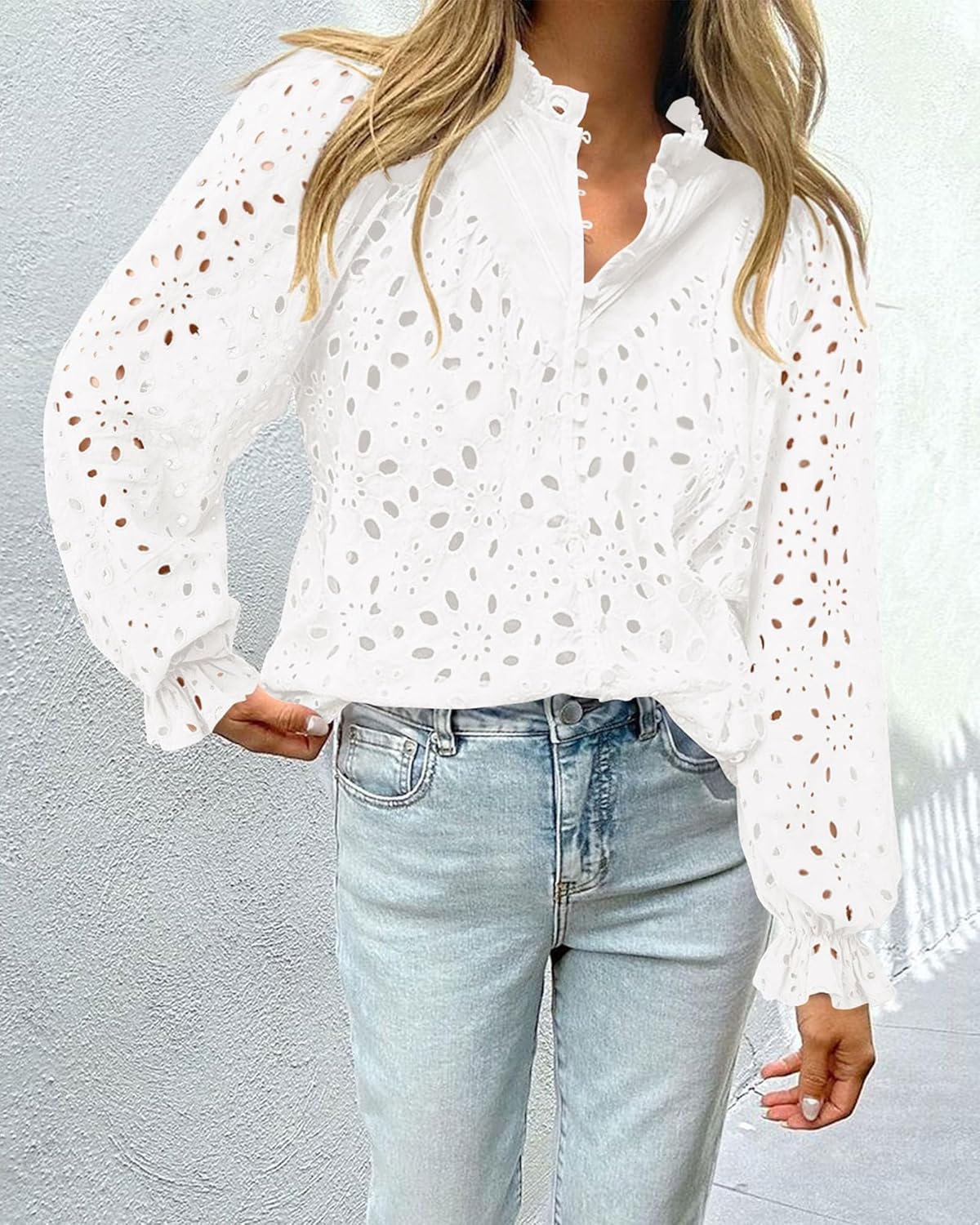 PRETTYGARDEN Casual Lace Blouse – Long Sleeve V-Neck Button-Up Shirt