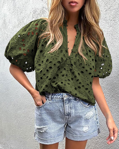 PRETTYGARDEN Casual Lace Top – V-Neck Short Sleeve Embroidered Blouse