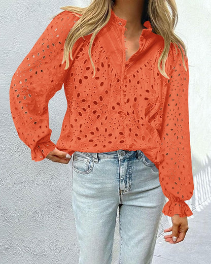 PRETTYGARDEN Casual Lace Blouse – Long Sleeve V-Neck Button-Up Shirt