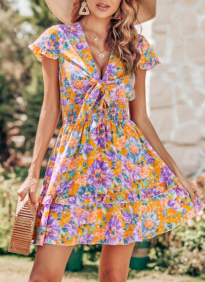 PRETTYGARDEN 2025 Casual Beach Dress – Short Sleeve V-Neck Tiered Mini Dress