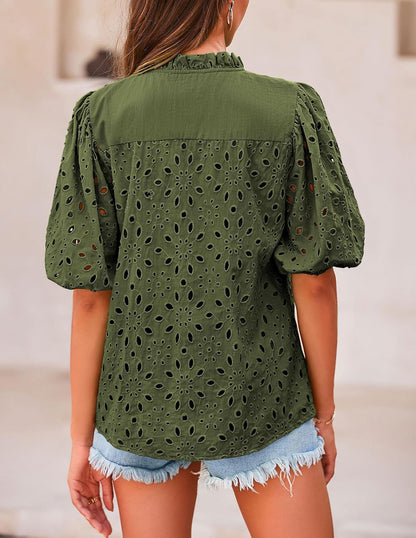 PRETTYGARDEN Casual Lace Top – V-Neck Short Sleeve Embroidered Blouse