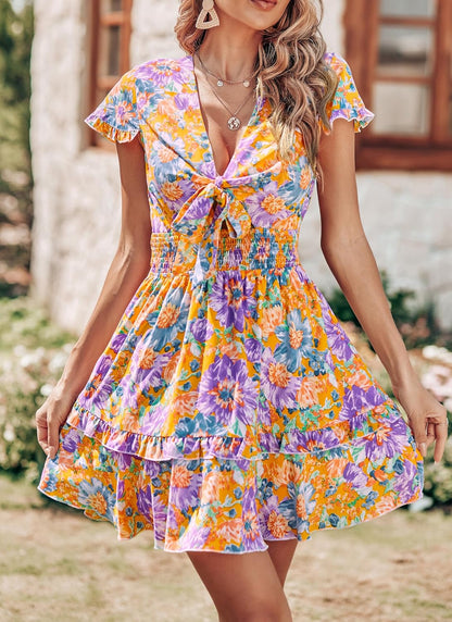PRETTYGARDEN 2025 Casual Beach Dress – Short Sleeve V-Neck Tiered Mini Dress