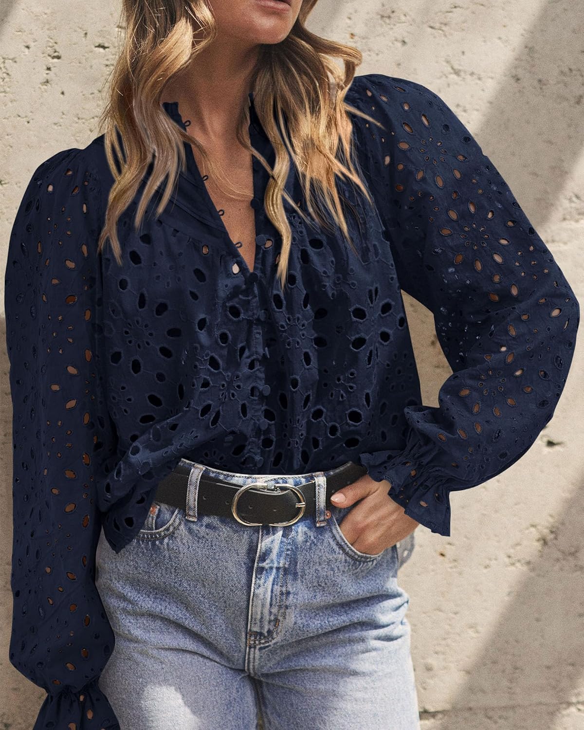 PRETTYGARDEN Casual Lace Blouse – Long Sleeve V-Neck Button-Up Shirt