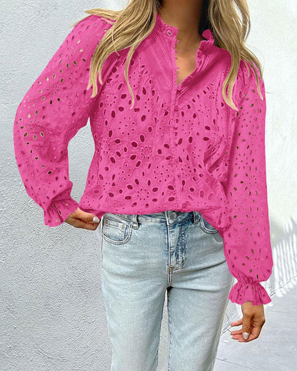 PRETTYGARDEN Casual Lace Blouse – Long Sleeve V-Neck Button-Up Shirt