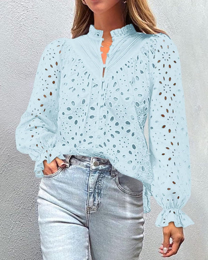 PRETTYGARDEN Casual Lace Blouse – Long Sleeve V-Neck Button-Up Shirt