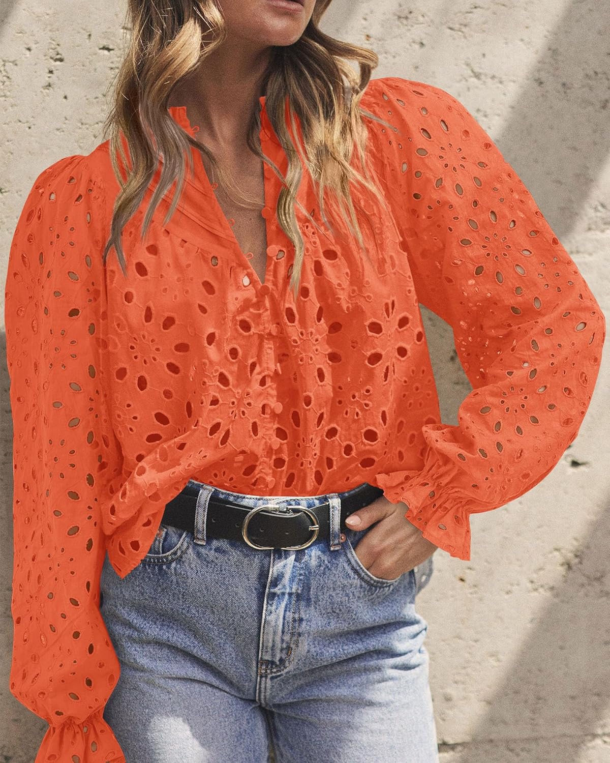 PRETTYGARDEN Casual Lace Blouse – Long Sleeve V-Neck Button-Up Shirt