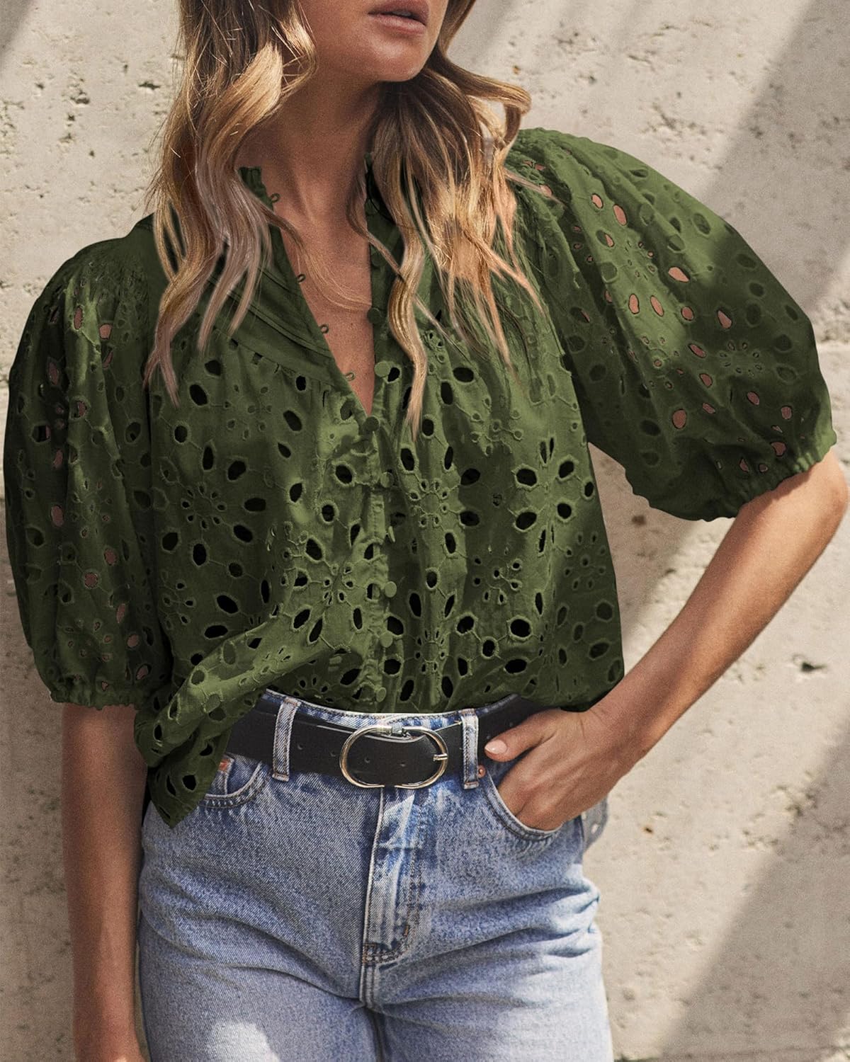 PRETTYGARDEN Casual Lace Top – V-Neck Short Sleeve Embroidered Blouse
