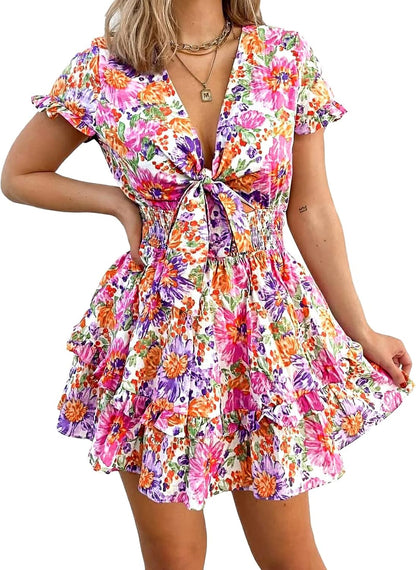 PRETTYGARDEN 2025 Casual Beach Dress – Short Sleeve V-Neck Tiered Mini Dress