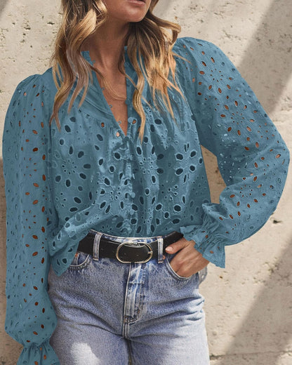 PRETTYGARDEN Casual Lace Blouse – Long Sleeve V-Neck Button-Up Shirt