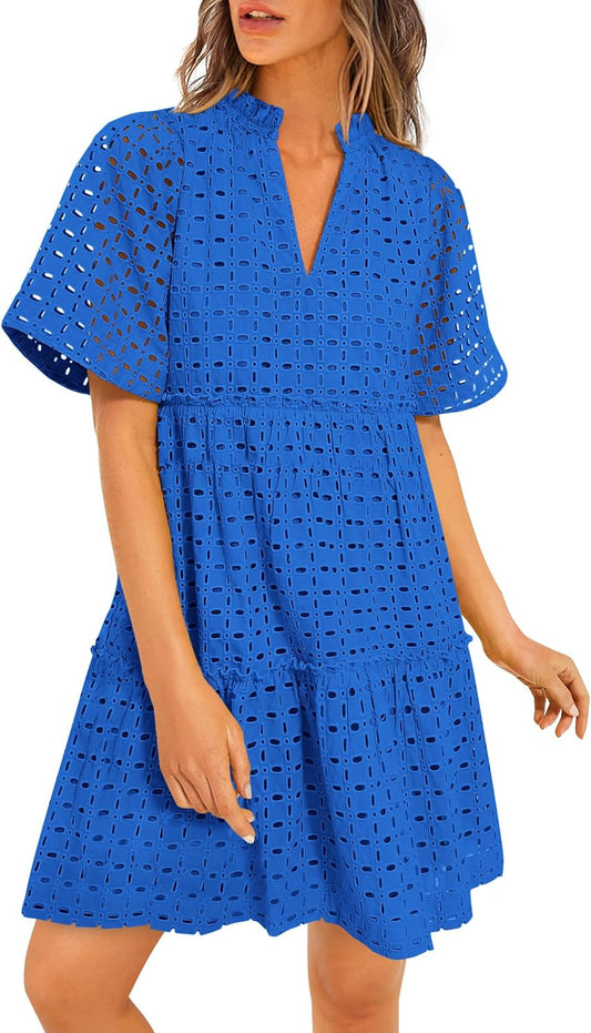 PRETTYGARDEN Eyelet Mini Dress – V Neck Ruffle A-Line Summer Outfit