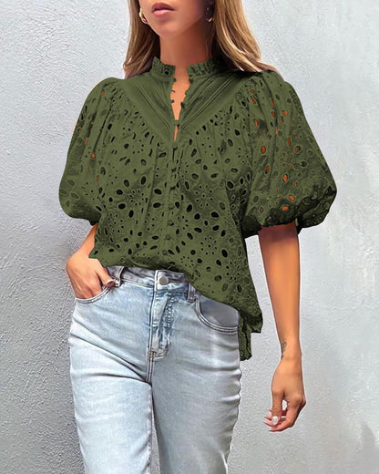 PRETTYGARDEN Casual Lace Top – V-Neck Short Sleeve Embroidered Blouse