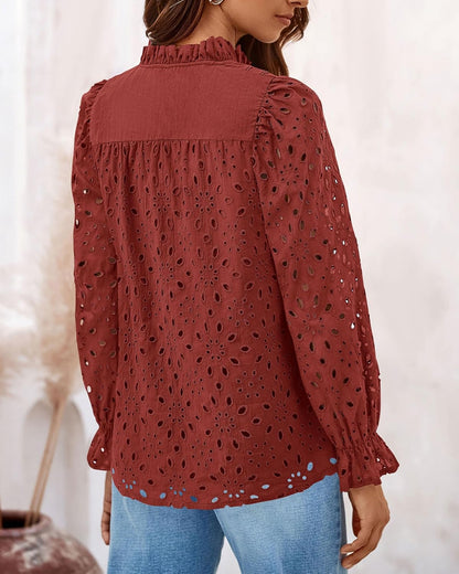 PRETTYGARDEN Casual Lace Blouse – Long Sleeve V-Neck Button-Up Shirt