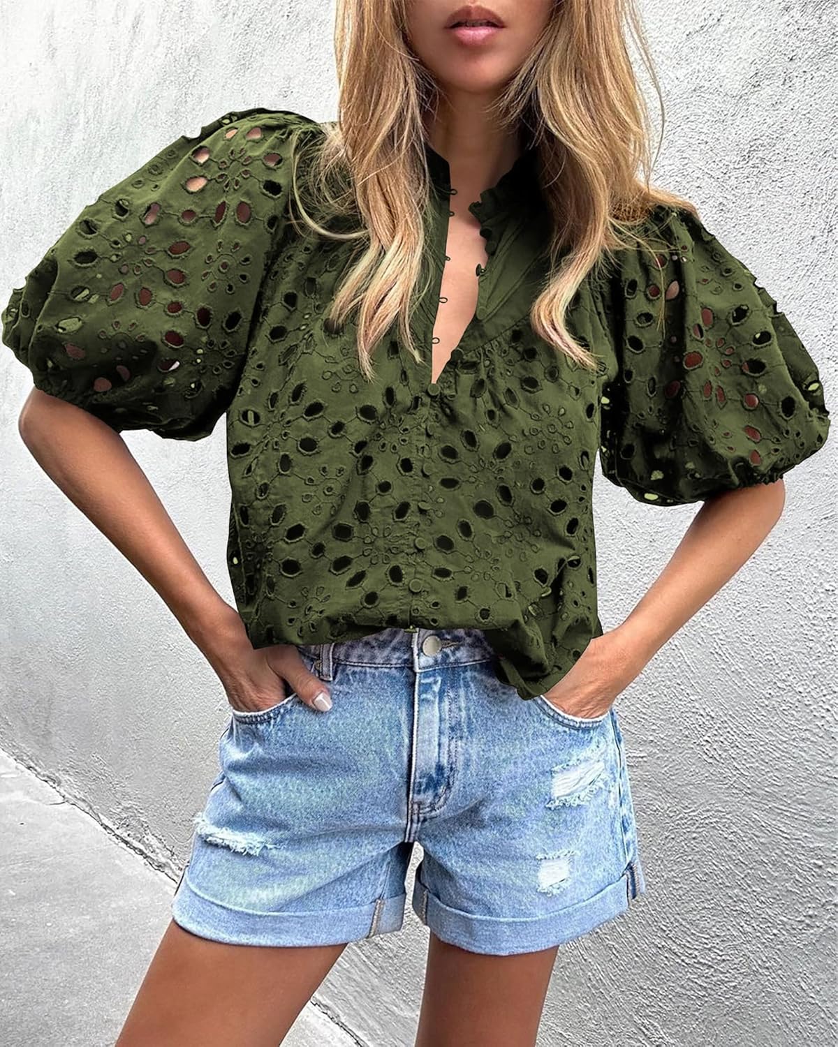 PRETTYGARDEN Casual Lace Top – V-Neck Short Sleeve Embroidered Blouse