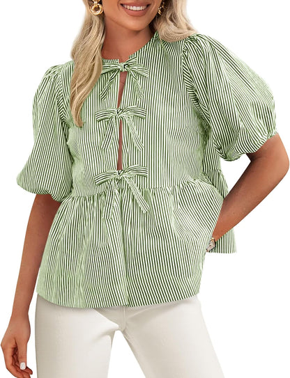 PRETTYGARDEN Tie Front Blouse – Striped Peplum Puff Sleeve Top