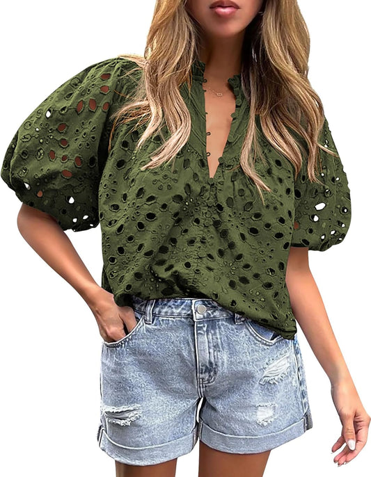 PRETTYGARDEN Casual Lace Top – V-Neck Short Sleeve Embroidered Blouse