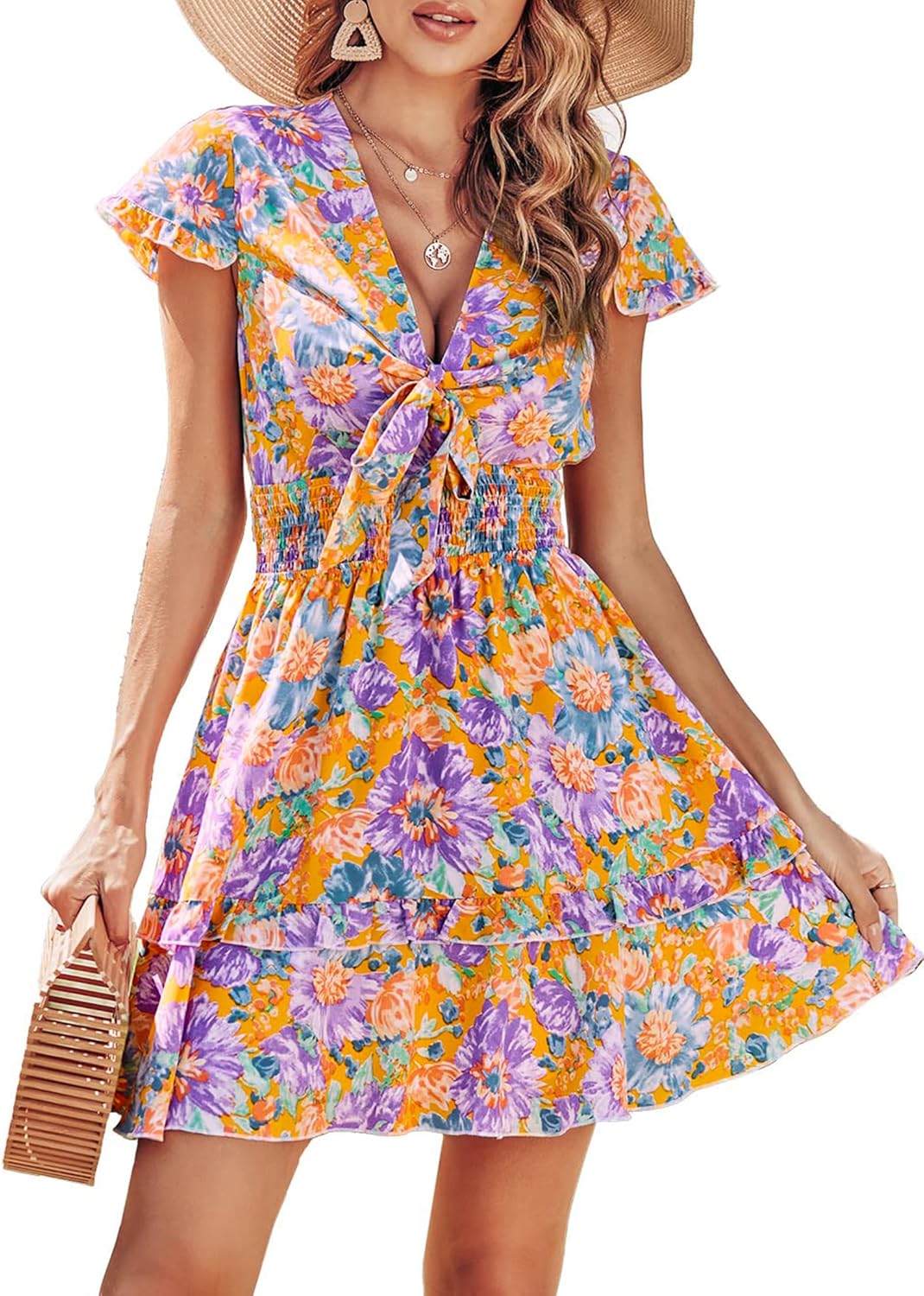 PRETTYGARDEN 2025 Casual Beach Dress – Short Sleeve V-Neck Tiered Mini Dress
