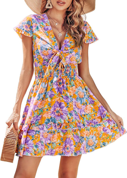 PRETTYGARDEN 2025 Casual Beach Dress – Short Sleeve V-Neck Tiered Mini Dress