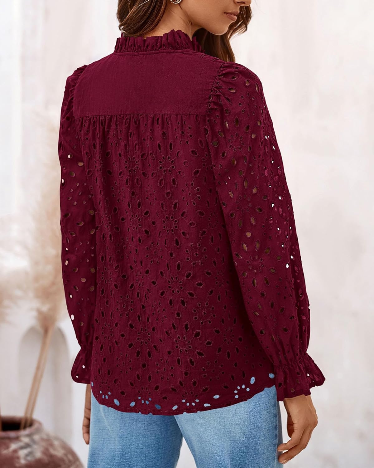 PRETTYGARDEN Casual Lace Blouse – Long Sleeve V-Neck Button-Up Shirt