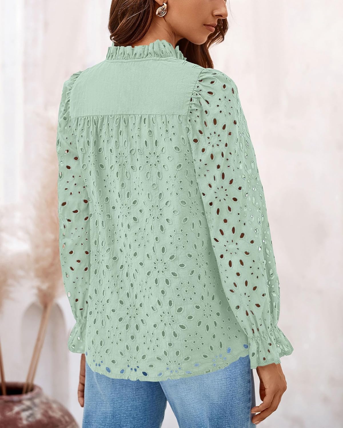 PRETTYGARDEN Casual Lace Blouse – Long Sleeve V-Neck Button-Up Shirt