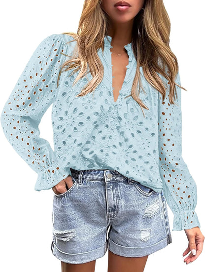 PRETTYGARDEN Casual Lace Blouse – Long Sleeve V-Neck Button-Up Shirt
