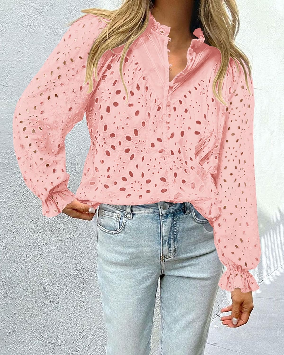 PRETTYGARDEN Casual Lace Blouse – Long Sleeve V-Neck Button-Up Shirt